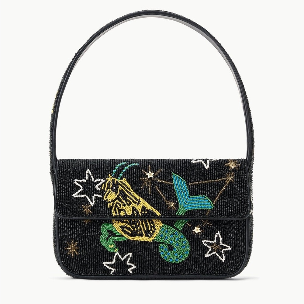 STAUD Black Beaded Shoulder Bag with Colorful Embellishments